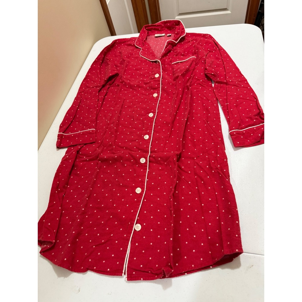 LL Bean Red Polka Dot Flannel Nightshirt Button Front Pajama Dress Medium